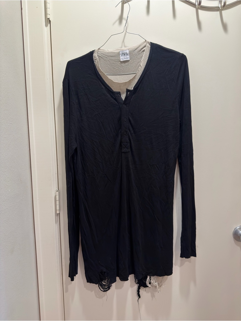 Zara Black Long-Sleeve Henley with Cream Inner Layer top large
